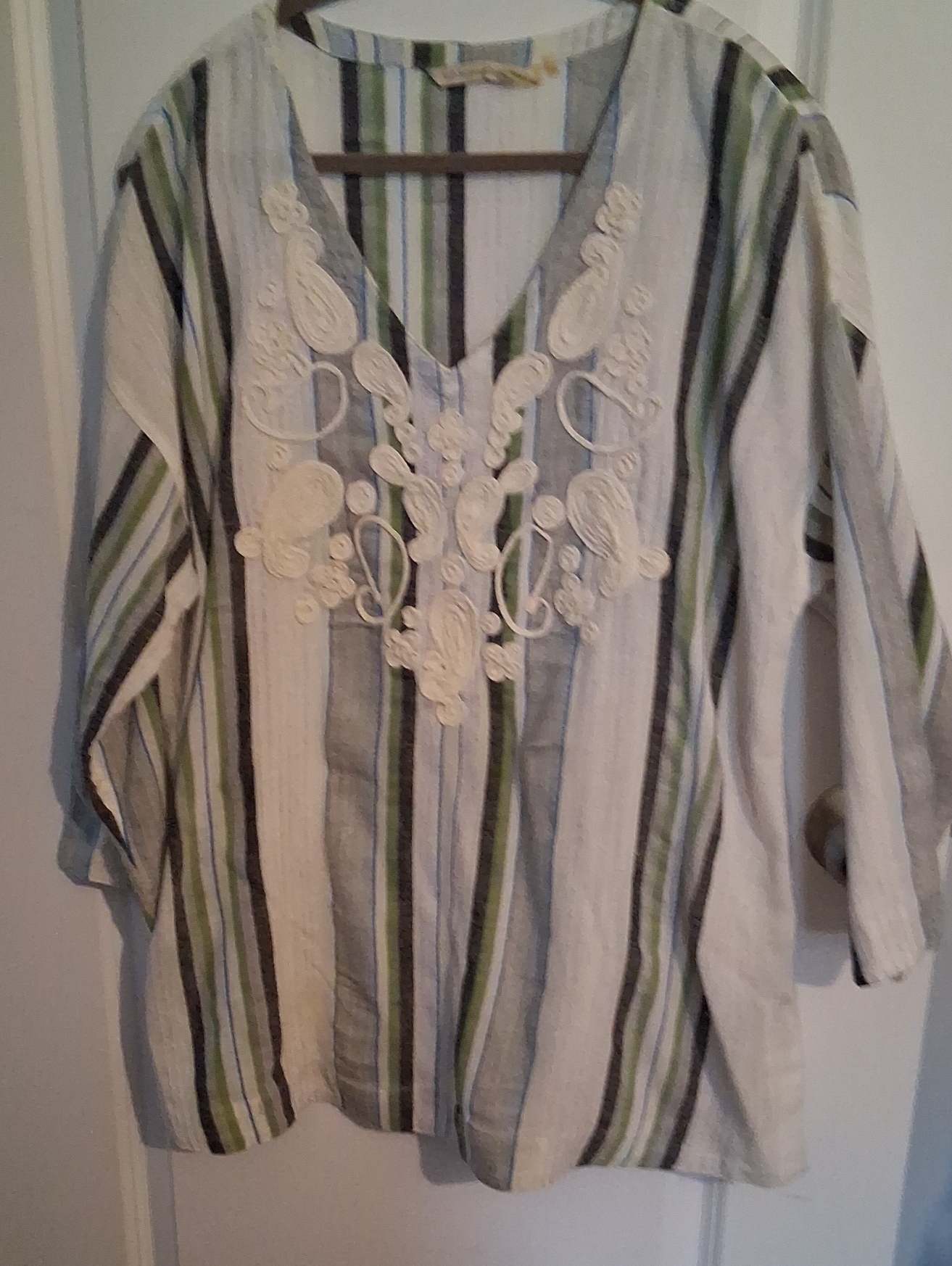 Soft Surroundings Striped V-Neck Tunic With Cream Embroidery And Drop Sleeves